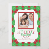 フェスティバルレッド&グリーンホリデアーガイル柄のーフォトカード 招待状 (正面)