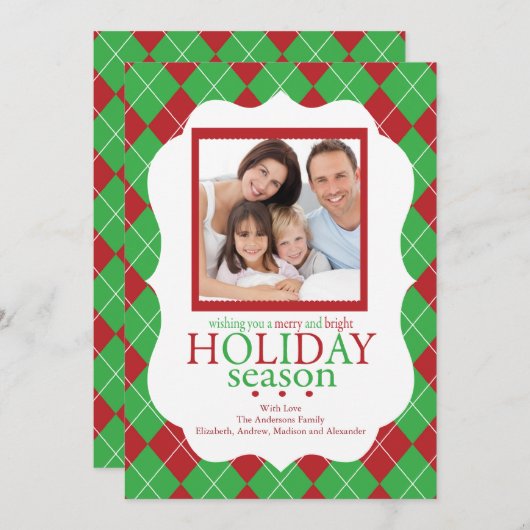 フェスティバルレッド&グリーンホリデアーガイル柄のーフォトカード 招待状 (正面/裏面)