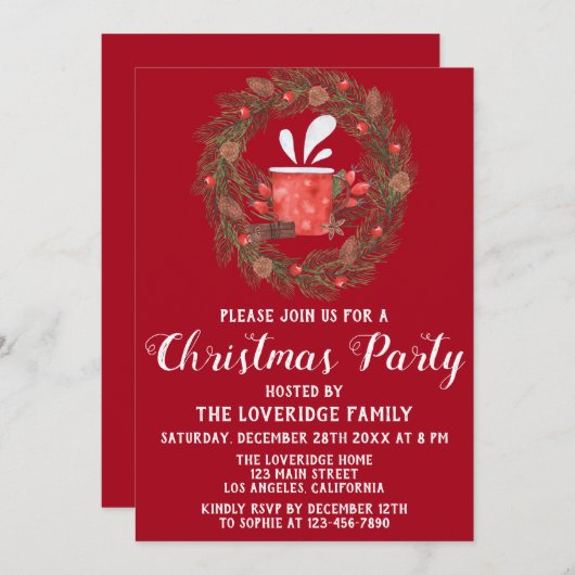 フェスティバルレッド&グリーンリースホリデークリスマスパーティー 招待状 (正面/裏面)