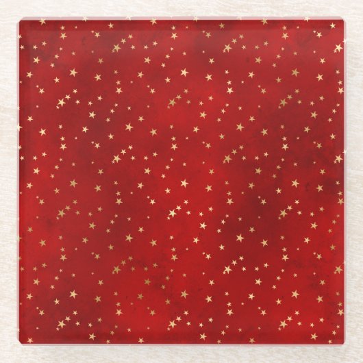 フェスティバルレッド&ゴールドフォイルウィンタークリスマススターズ ガラスコースター (正面)