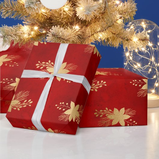 フェスティバルレッド&ゴールドフォイルウィンターポインセチア ラッピングペーパー (クリスマス)