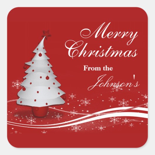 フェスティバルレッド&ホワイトクリスマスツリーギフトラベル スクエアシール (正面)