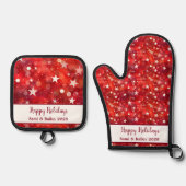 フェスティバルレッド&ホワイトホリデーエプロン 鍋つかみ&鍋敷きセット (正面)