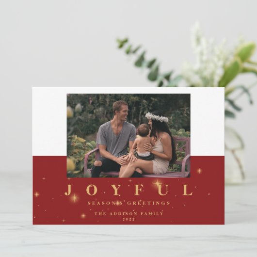 フェスティバルレッド&金ゴールドうれしそうな2つの写真クリスマス シーズンカード (スタンド正面)