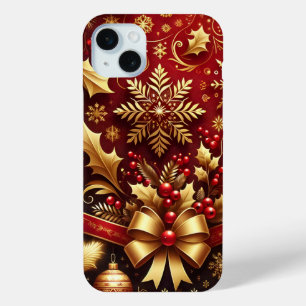 フェスティバルレッド&金ゴールドクリスマススノーフレークスホリー iPhone 15 MINIケース