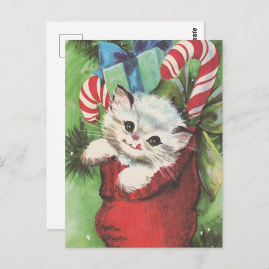フェスティバルレトロなヴィンテージのクリスマスキャット ポストカード (正面/裏面)