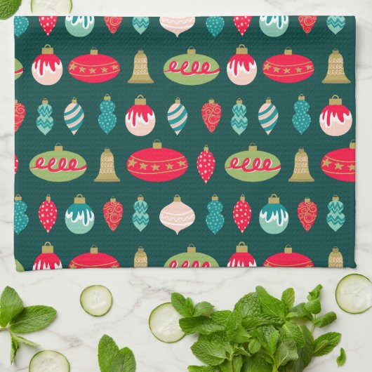 フェスティバルレトロクリスマスオーナメントミッドセンチュリーモダン キッチンタオル (折り畳み)