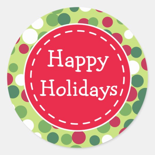 フェスティバルレトロクリスマスドットハッピーホリデーステッカー ラウンドシール (正面)