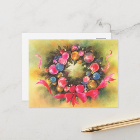 フェスティバルレトロヴィンテージクリスマスリース ポストカード (正面/裏面インサイチュ)