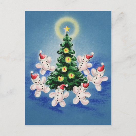 フェスティバルレトロヴィンテージクリスマス雪だるまツリー シーズンポストカード (正面)