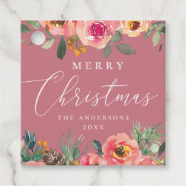 フェスティバルロマンチックな埃っぽいピンクのローズフローラクリスマス フェイバータグ