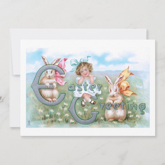 フェスティバルヴィンテージイースターバンニー、子供と挨拶 シーズンカード (正面)
