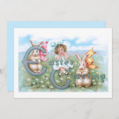 フェスティバルヴィンテージイースターバンニー、子供と挨拶 シーズンカード (正面/裏面)