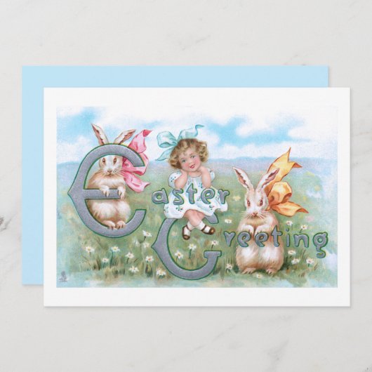 フェスティバルヴィンテージイースターバンニー、子供と挨拶 シーズンカード (正面/裏面)