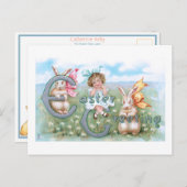 フェスティバルヴィンテージイースターバンニー、子供と挨拶 ポストカード (正面/裏面)