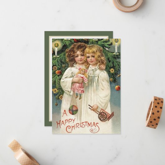 フェスティバルヴィンテージクリスマスの女の子を追加気持ち ノートカード (正面/裏面インサイチュ)