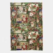 フェスティバルヴィンテージクリスマスエフェメラコラージグリーン キッチンタオル (縦)