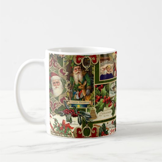 フェスティバルヴィンテージクリスマスエフェメラコラージグリーン コーヒーマグカップ (左)