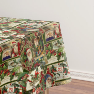 フェスティバルヴィンテージクリスマスエフェメラコラージグリーン テーブルクロス