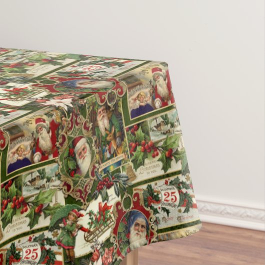 フェスティバルヴィンテージクリスマスエフェメラコラージグリーン テーブルクロス (インサイチュ)