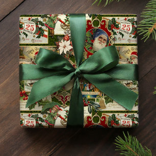 フェスティバルヴィンテージクリスマスエフェメラコラージグリーン ラッピングペーパー