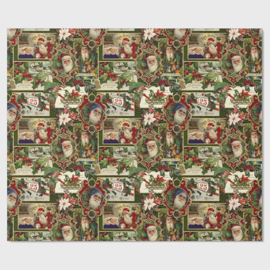 フェスティバルヴィンテージクリスマスエフェメラコラージグリーン ラッピングペーパー (フラット)