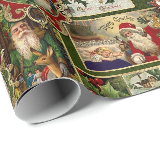 フェスティバルヴィンテージクリスマスエフェメラコラージグリーン ラッピングペーパー (ロールコーナー)
