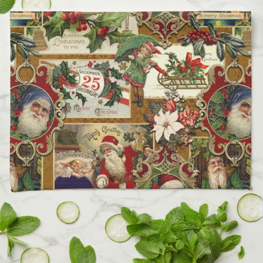 フェスティバルヴィンテージクリスマスエフェメラコラージュ – 金ゴールド キッチンタオル (折り畳み)