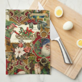 フェスティバルヴィンテージクリスマスエフェメラコラージュ – 金ゴールド キッチンタオル (四つ折り)