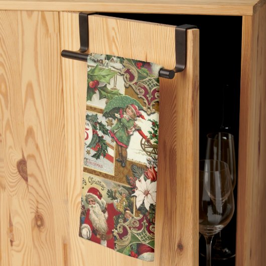 フェスティバルヴィンテージクリスマスエフェメラコラージュ – 金ゴールド キッチンタオル (三つ折り)