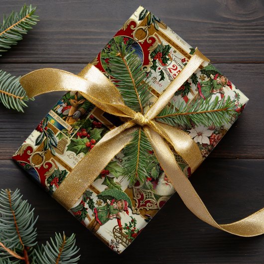 フェスティバルヴィンテージクリスマスエフェメラコラージュ – 金ゴールド ラッピングペーパー