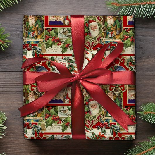 フェスティバルヴィンテージクリスマスエフェメラコラージレッド ラッピングペーパー