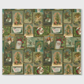 フェスティバルヴィンテージクリスマスカードコラージュ – グリーンBG ラッピングペーパー (フラット)