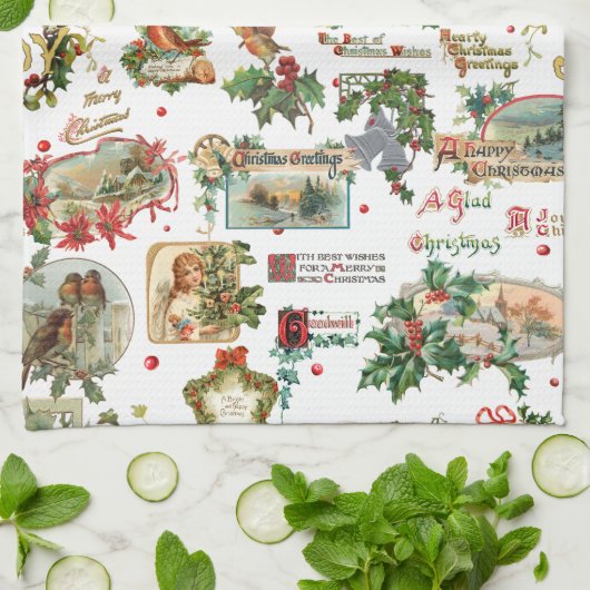 フェスティバルヴィンテージクリスマスグリーツコラージホワイト キッチンタオル (折り畳み)