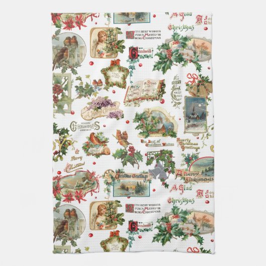 フェスティバルヴィンテージクリスマスグリーツコラージホワイト キッチンタオル (縦)