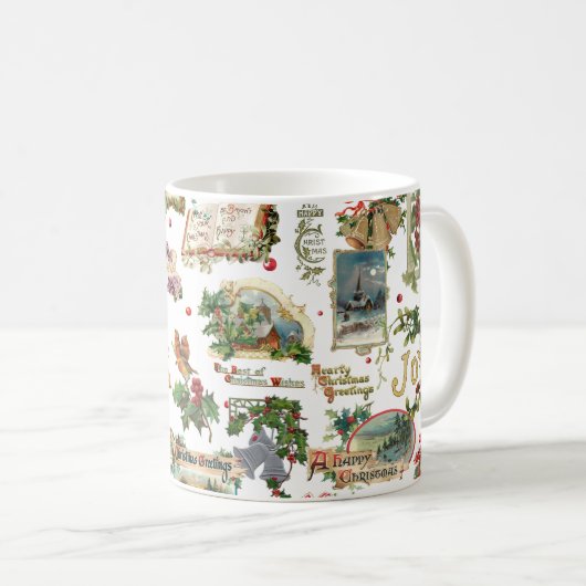 フェスティバルヴィンテージクリスマスグリーツコラージホワイト コーヒーマグカップ (正面右)