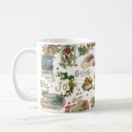 フェスティバルヴィンテージクリスマスグリーツコラージホワイト コーヒーマグカップ (左)