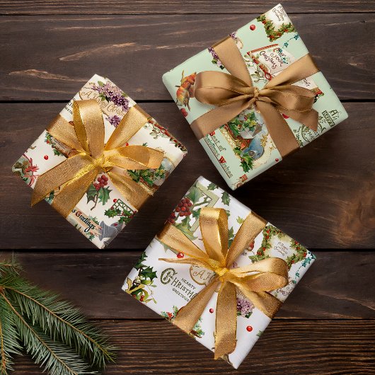 フェスティバルヴィンテージクリスマスグリーティングコラージュ ラッピングペーパーシート