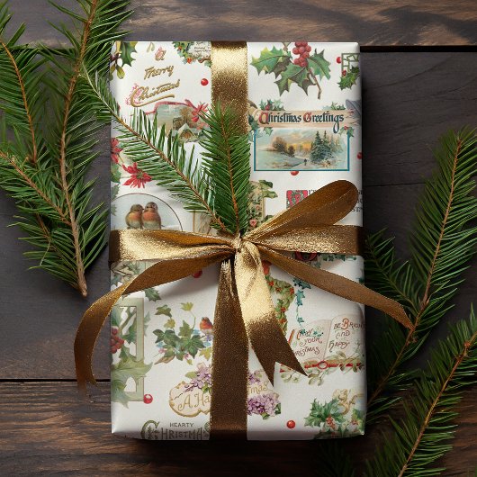 フェスティバルヴィンテージクリスマスグリーティングスコラージュ – ベージュ色 ラッピングペーパー