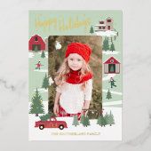 フェスティバルヴィンテージクリスマスツリーファームトラックの写真 箔シーズンカード (正面)