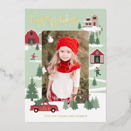 フェスティバルヴィンテージクリスマスツリーファームトラックの写真 箔シーズンカード (正面)