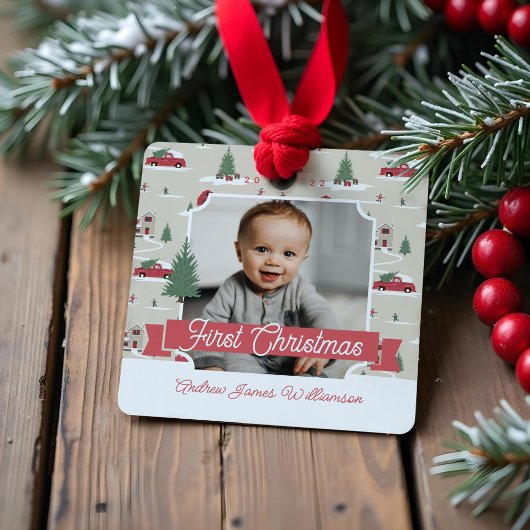 フェスティバルヴィンテージクリスマスツリーファームフォトセラミック メタルオーナメント