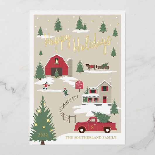 フェスティバルヴィンテージクリスマスツリーファームレッドトラック 箔シーズンカード (正面)