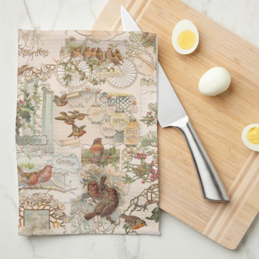 フェスティバルヴィンテージクリスマスバードアンドフラワーエフェメラ キッチンタオル (四つ折り)