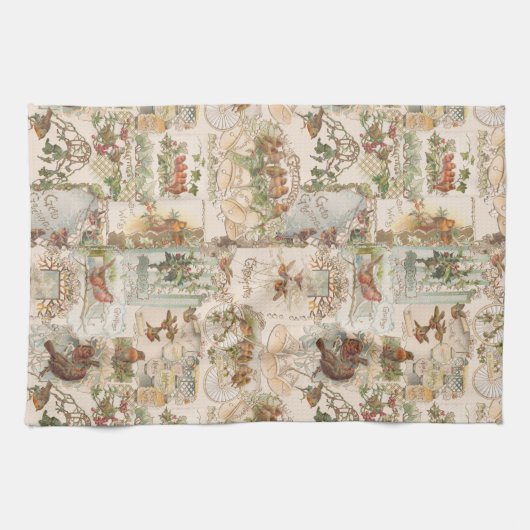 フェスティバルヴィンテージクリスマスバードアンドフラワーエフェメラ キッチンタオル (横)