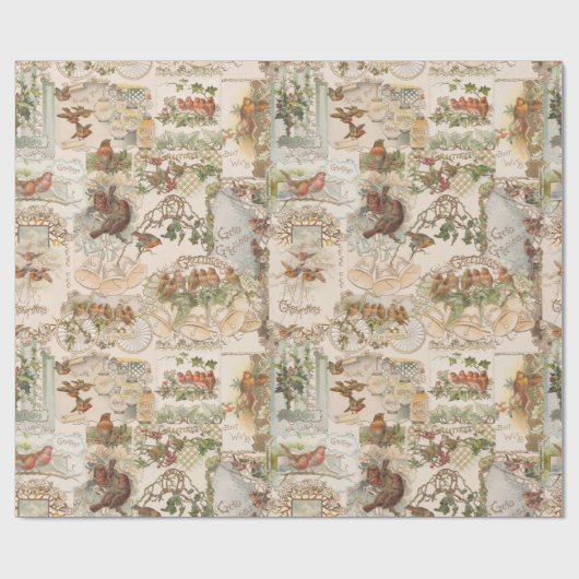フェスティバルヴィンテージクリスマスバードアンドフラワーエフェメラ ラッピングペーパー (フラット)