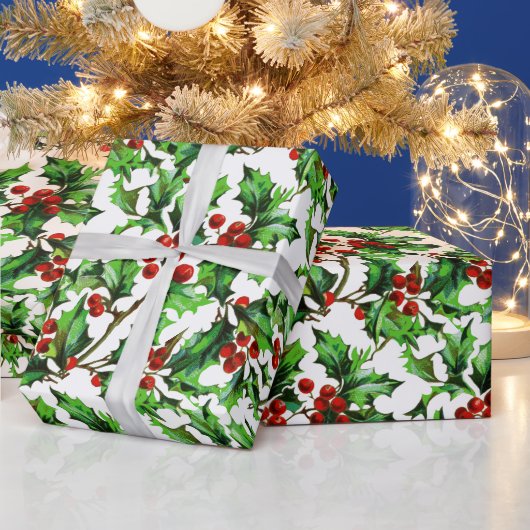 フェスティバルヴィンテージクリスマスレッドホリーベリー ラッピングペーパー (クリスマス)