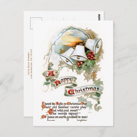 フェスティバルヴィンテージクリスマス文字ベルズアンドホリー ポストカード (正面/裏面)