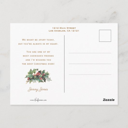 フェスティバルヴィンテージクリスマス文字ベルズアンドホリー ポストカード (裏面)