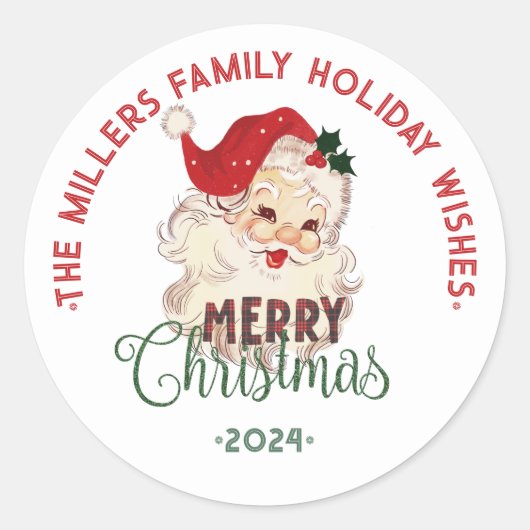 フェスティバルヴィンテージサンタメリークリスマスカスタム文字 ラウンドシール (正面)